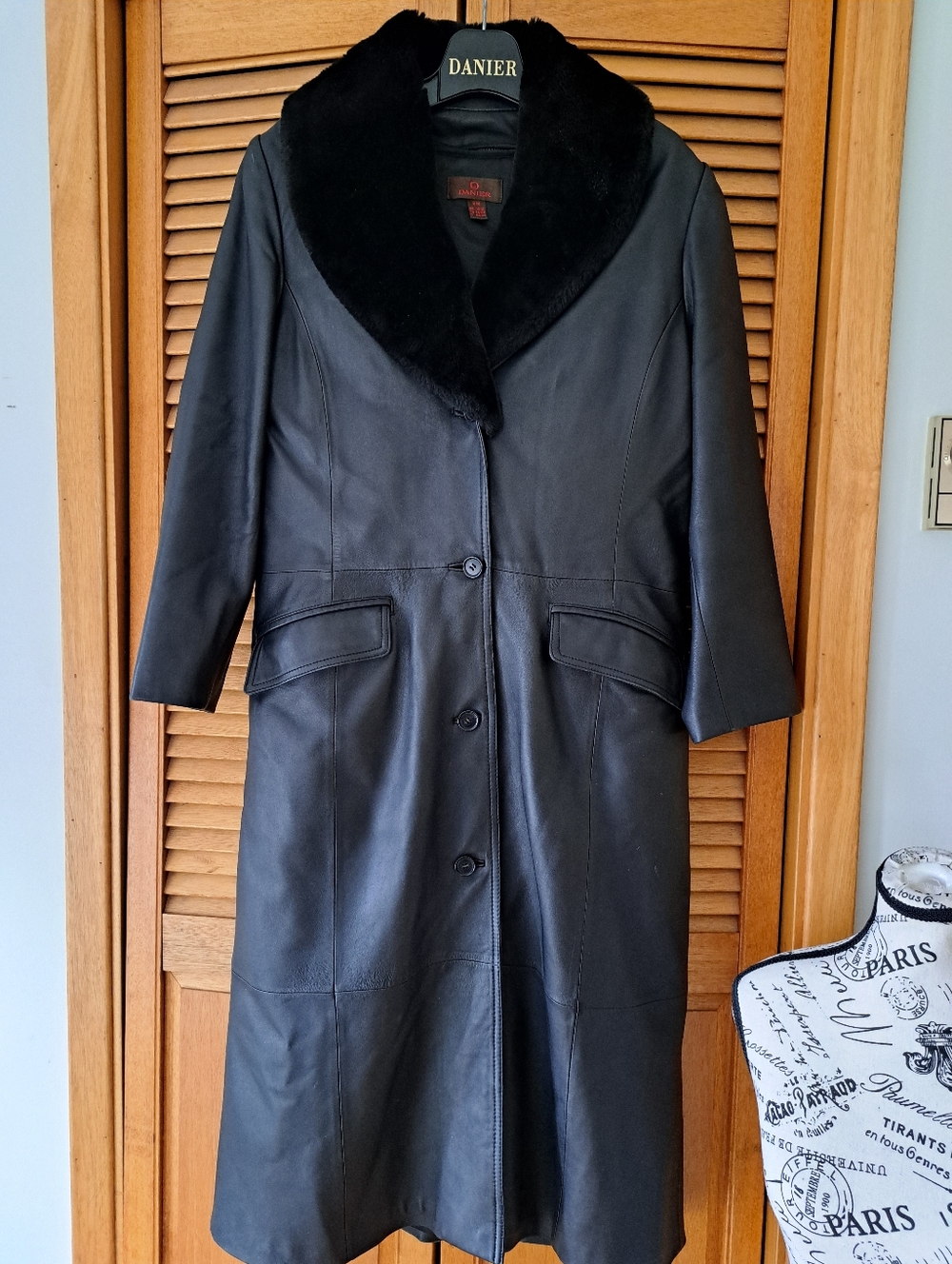 Danier Black Leather Long Coat with Black Faux Fur Collar All Season